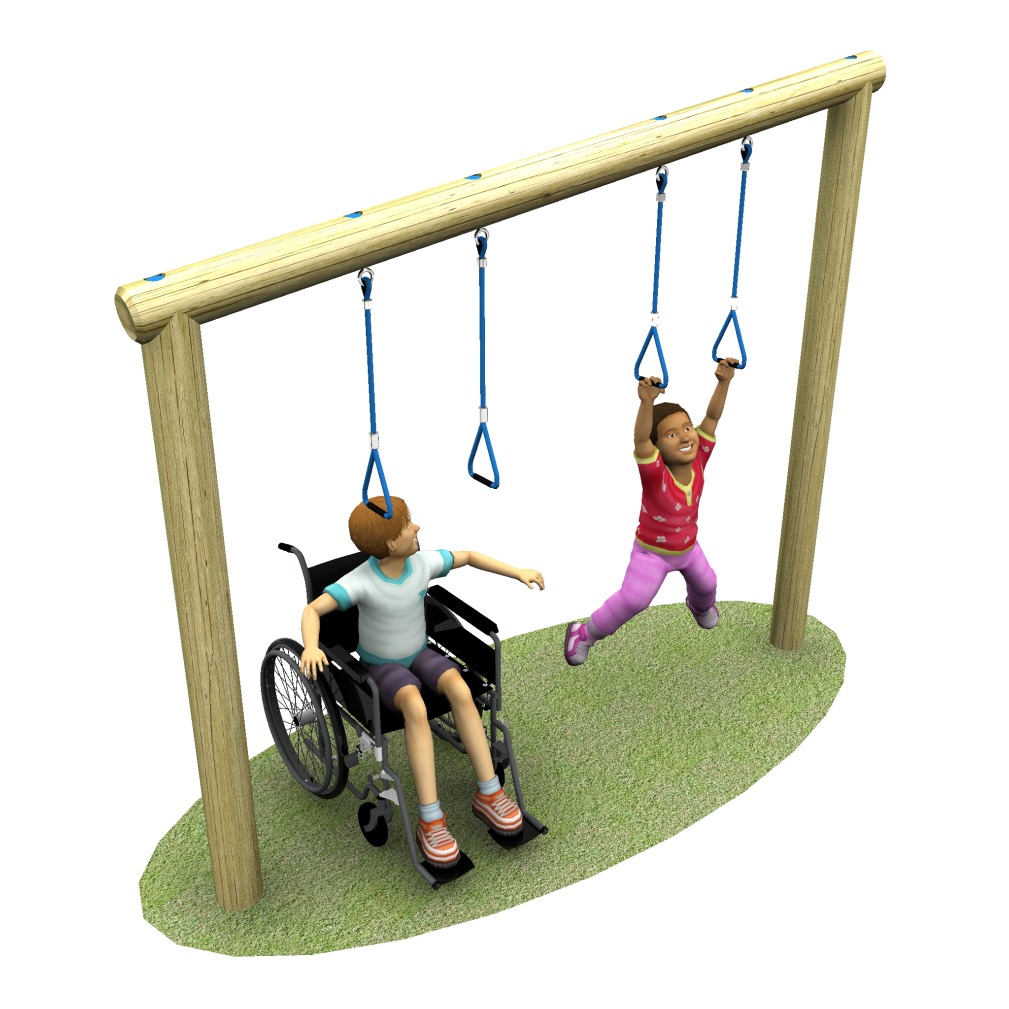 Two children, one in a wheelchair and one standing, play together on a swing set with hanging rings on a grassy patch.