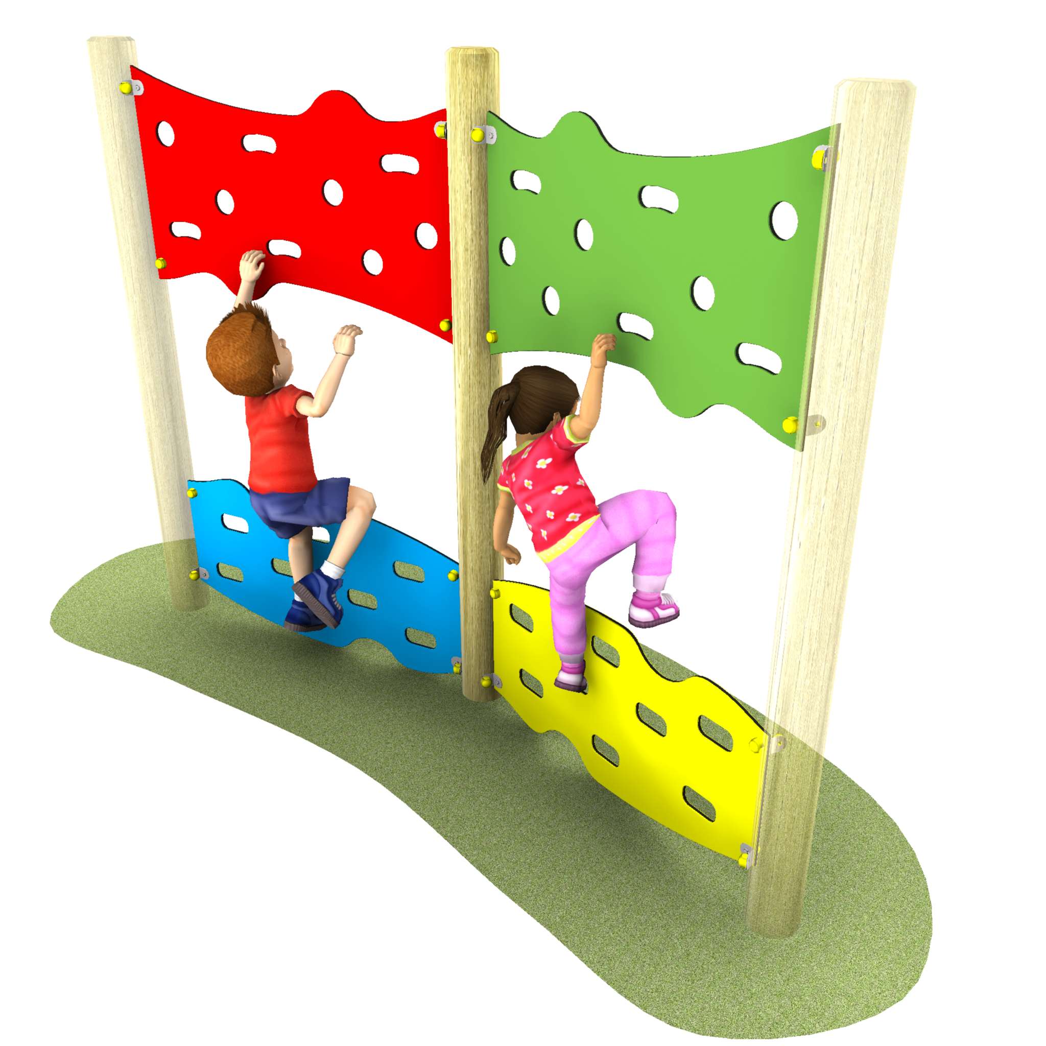 Two children climb on a vertical Link Jigsaw Traverse playground wall structure with colourful panels in red, green, blue, and yellow.
