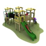 Children play on the Young Explorer - Magellan 1500mm wooden playground structure with towers, a slide, tunnel, climbing ropes, and ladders on a grassy surface.