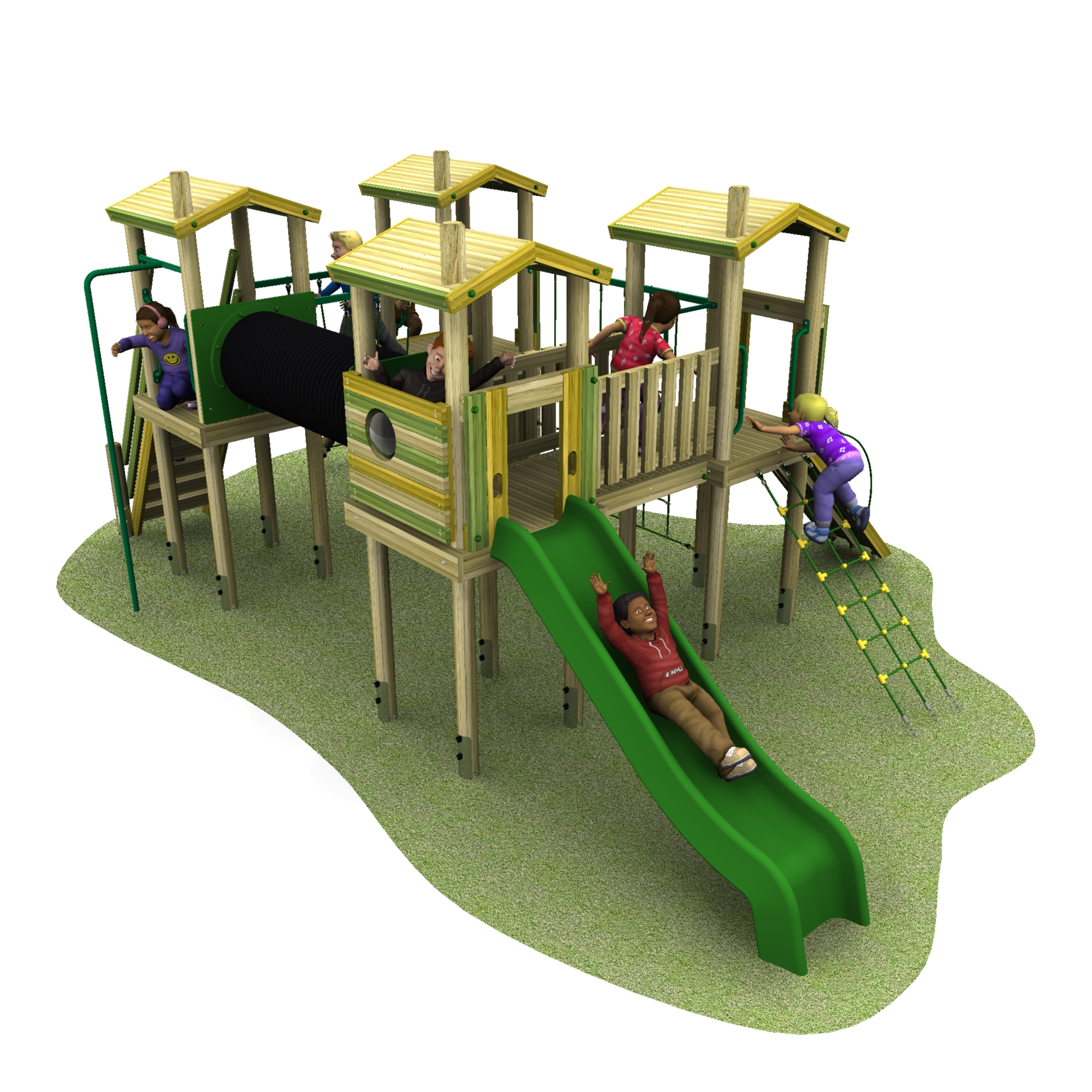 Children play on the Young Explorer - Magellan 1500mm wooden playground structure with towers, a slide, tunnel, climbing ropes, and ladders on a grassy surface.