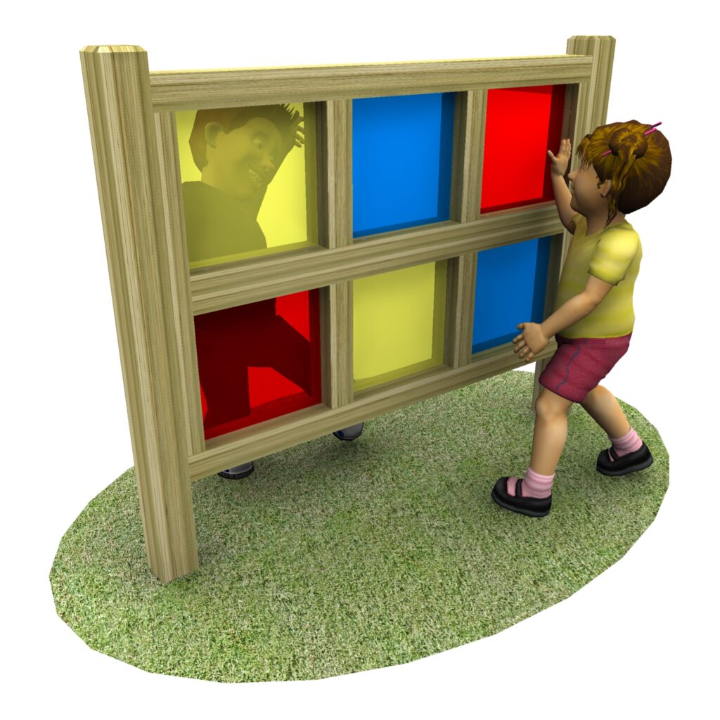 Two children play outside on the grass with a Multicoloured Sensory Board – 6 Panels, each holding vibrant red, yellow, and blue transparent sections.