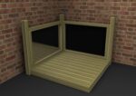 A wooden decking platform with two glass panel railings, set in the corner of a room with brick walls and a dark floor.