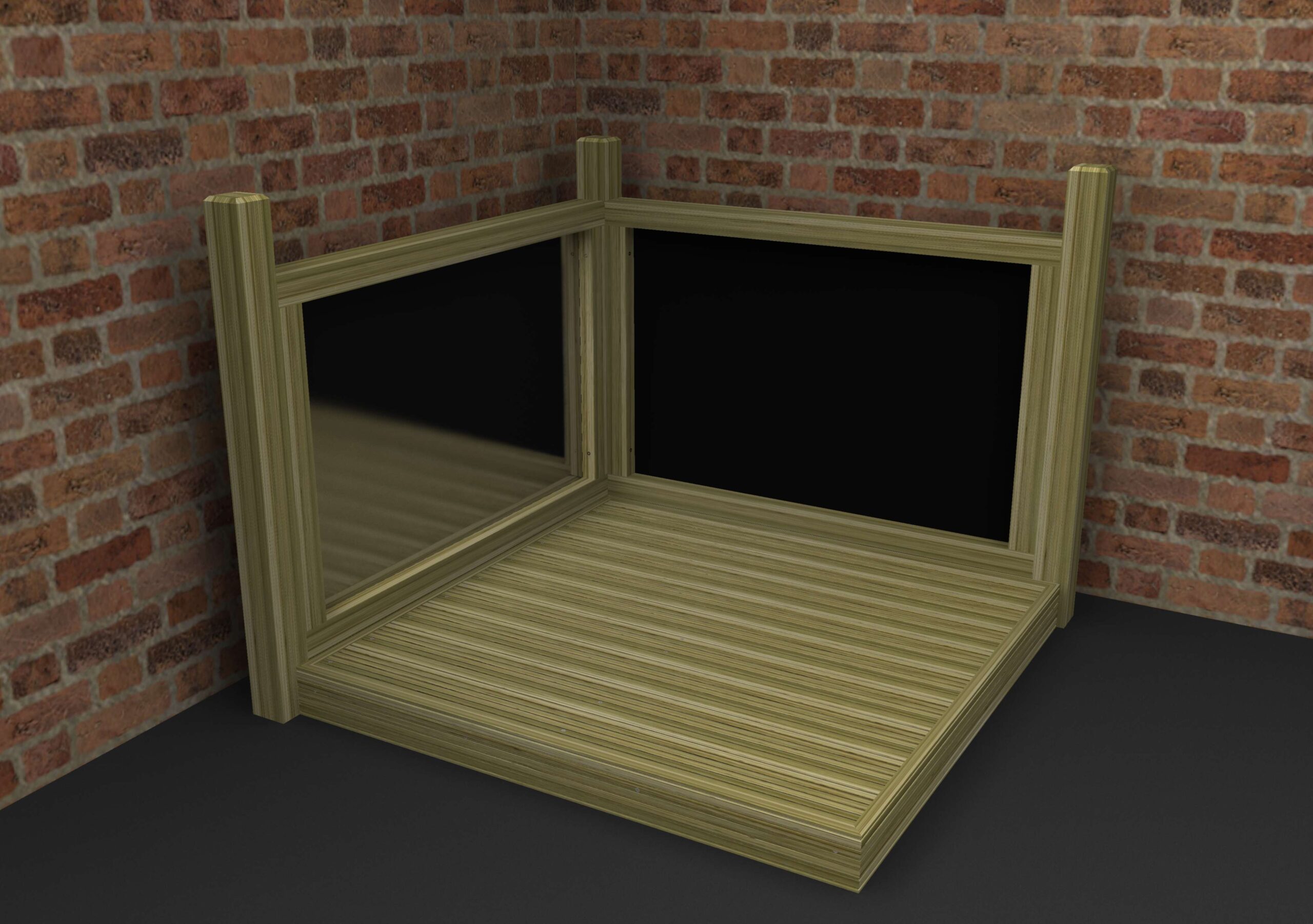 A wooden decking platform with two glass panel railings, set in the corner of a room with brick walls and a dark floor.
