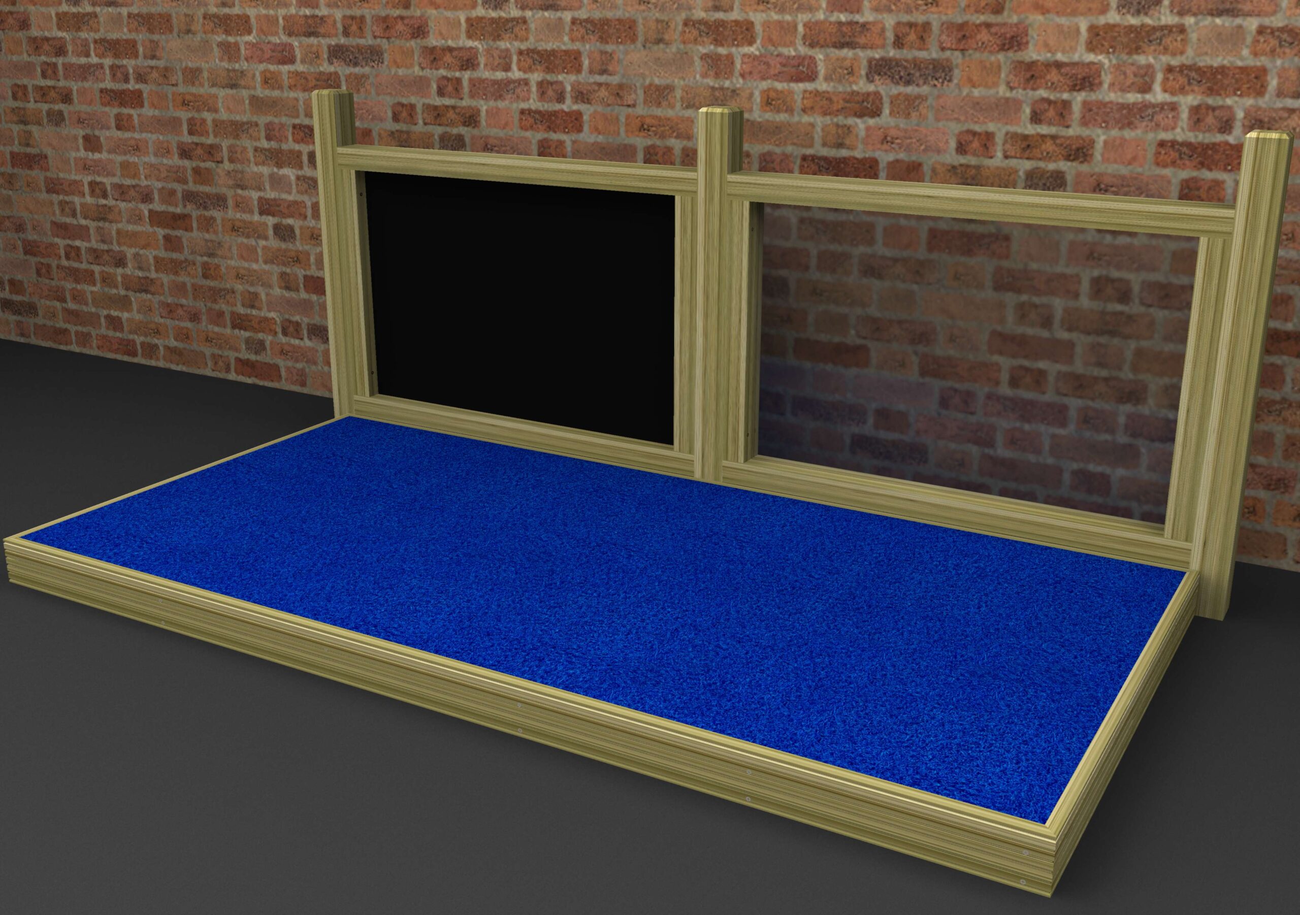 A wooden frame with two vertical posts and two panels stands on a blue carpeted platform in front of a brick wall. One panel is black, the other is clear.