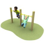 Two children play on parallel yellow monkey bars, each hanging by their hands from separate bars on a grassy area.
