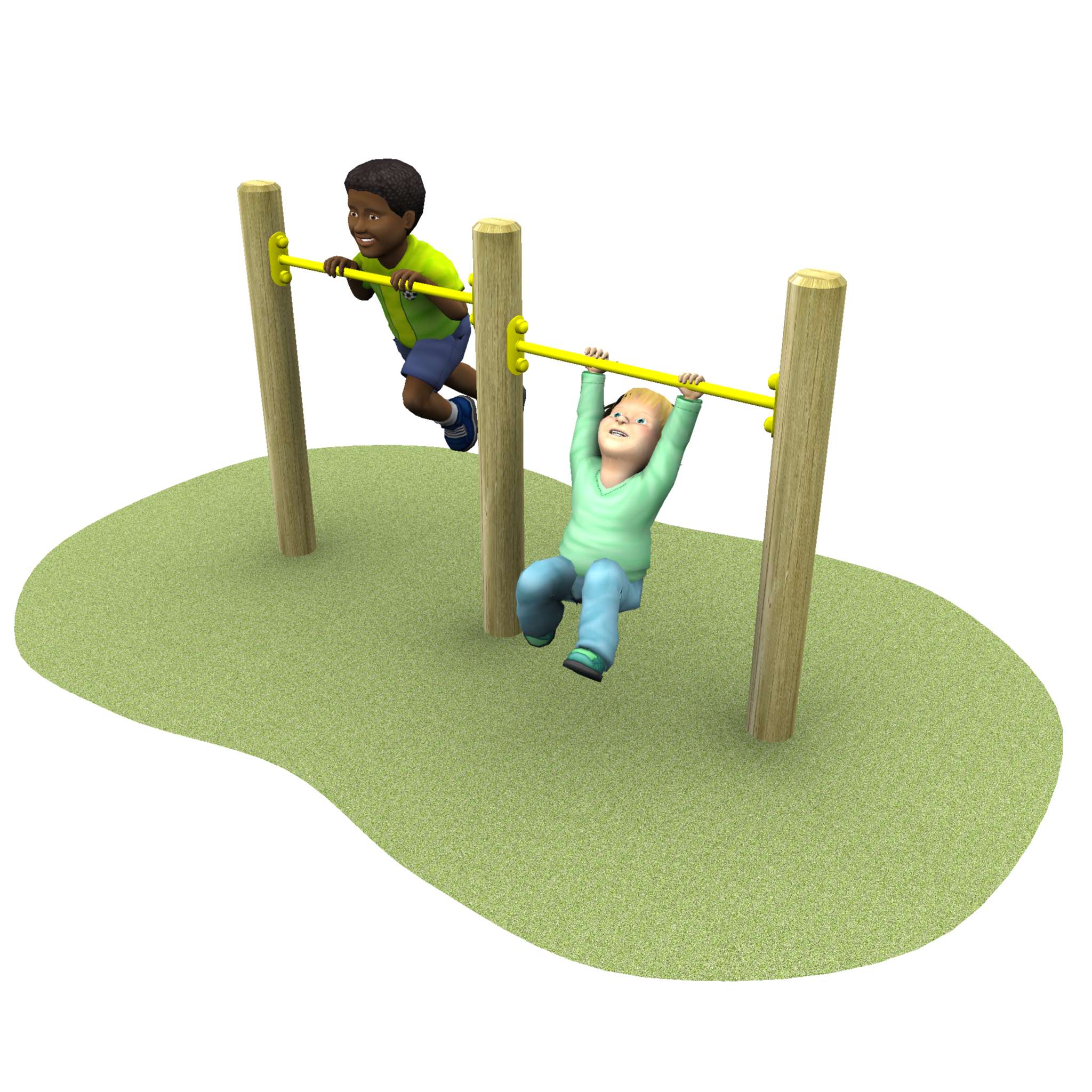 Two children play on parallel yellow monkey bars, each hanging by their hands from separate bars on a grassy area.