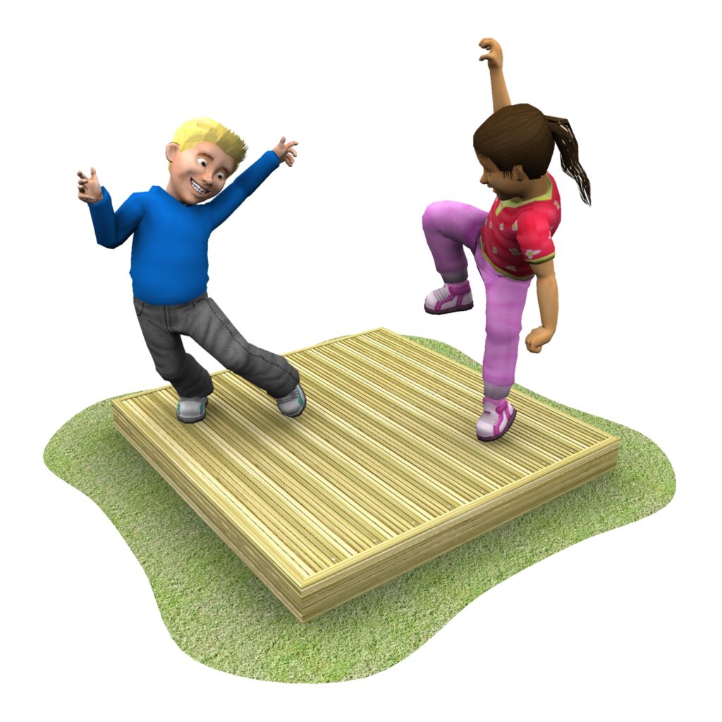 Two animated children, one boy and one girl, are playing and balancing on a wooden platform placed on a patch of grass.