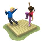 Two animated children, one boy and one girl, are playing and balancing on a wooden platform placed on a patch of grass.