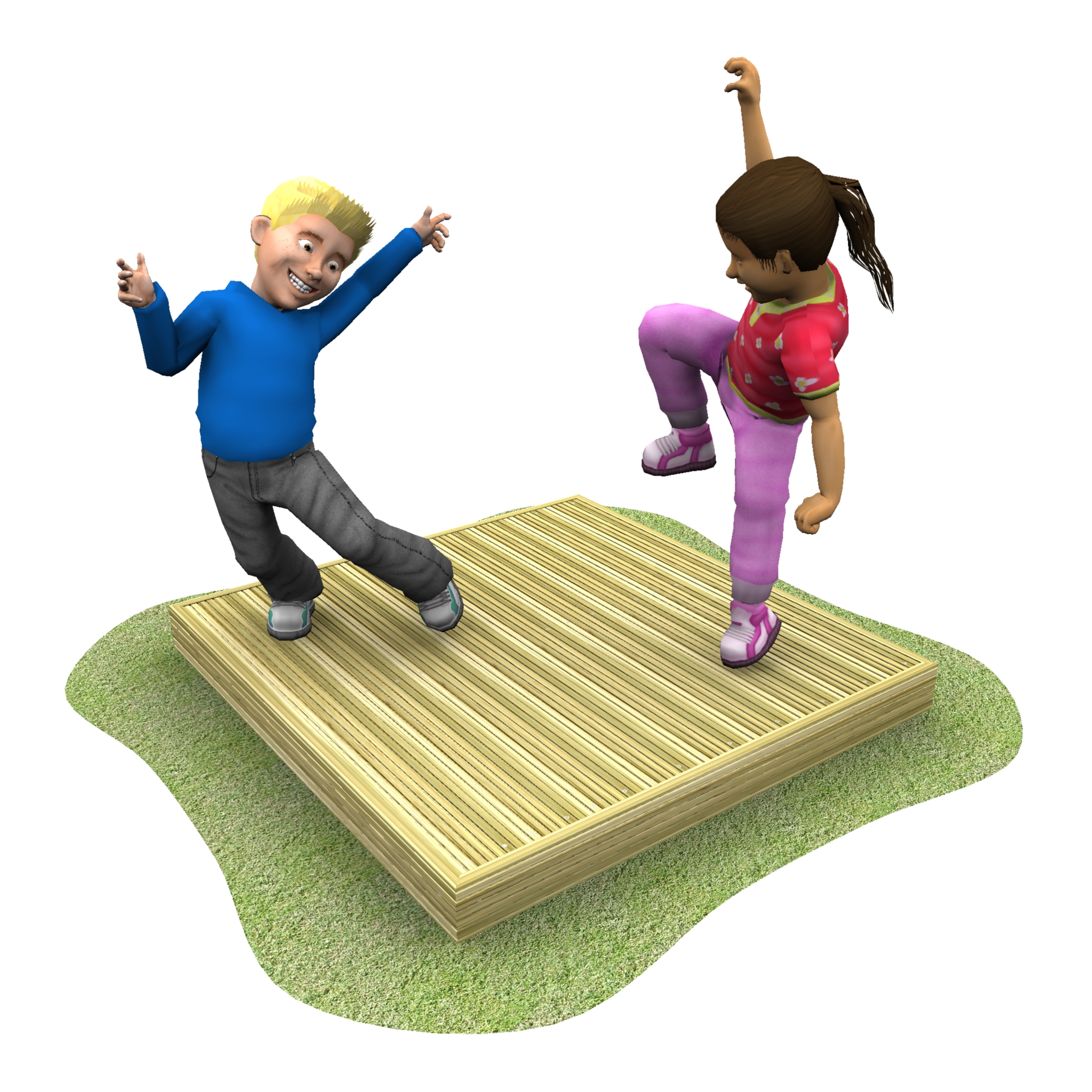 Two animated children, one boy and one girl, are playing and balancing on a wooden platform placed on a patch of grass.