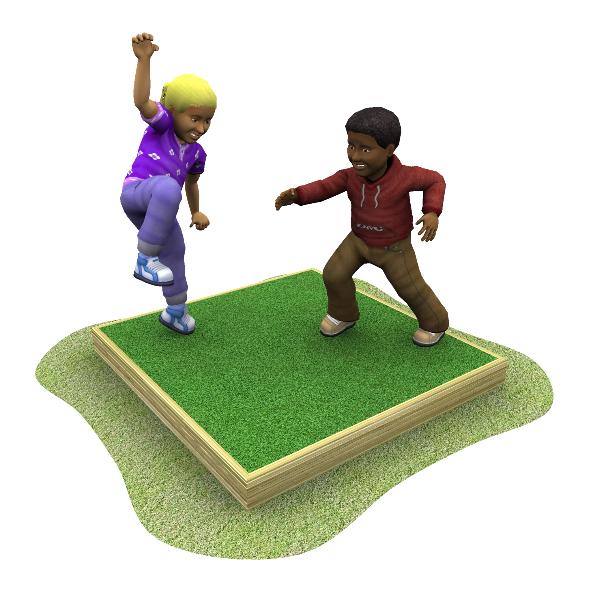 Two children stand on a small raised grassy platform, one lifting a leg as if to step or jump, while the other faces them with arms slightly bent.
