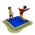 Two children are standing and playing on a blue platform with grass around it. The girl is smiling and the boy has his arms spread wide and is leaning to the side.