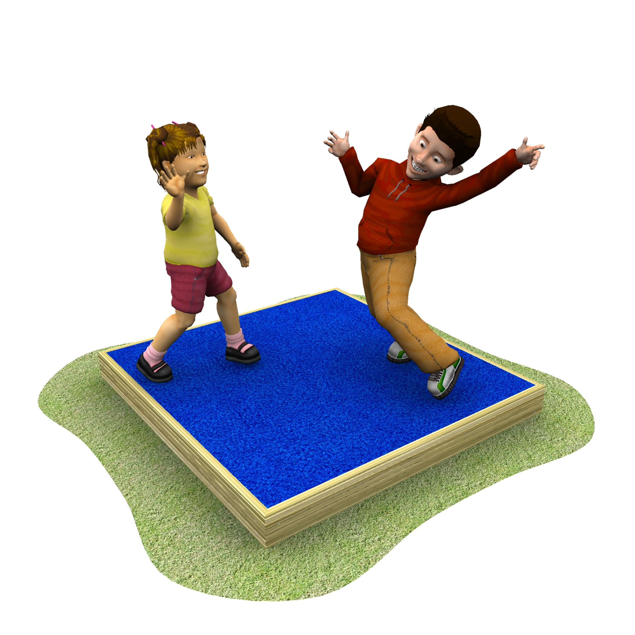 Two children are standing and playing on a blue platform with grass around it. The girl is smiling and the boy has his arms spread wide and is leaning to the side.