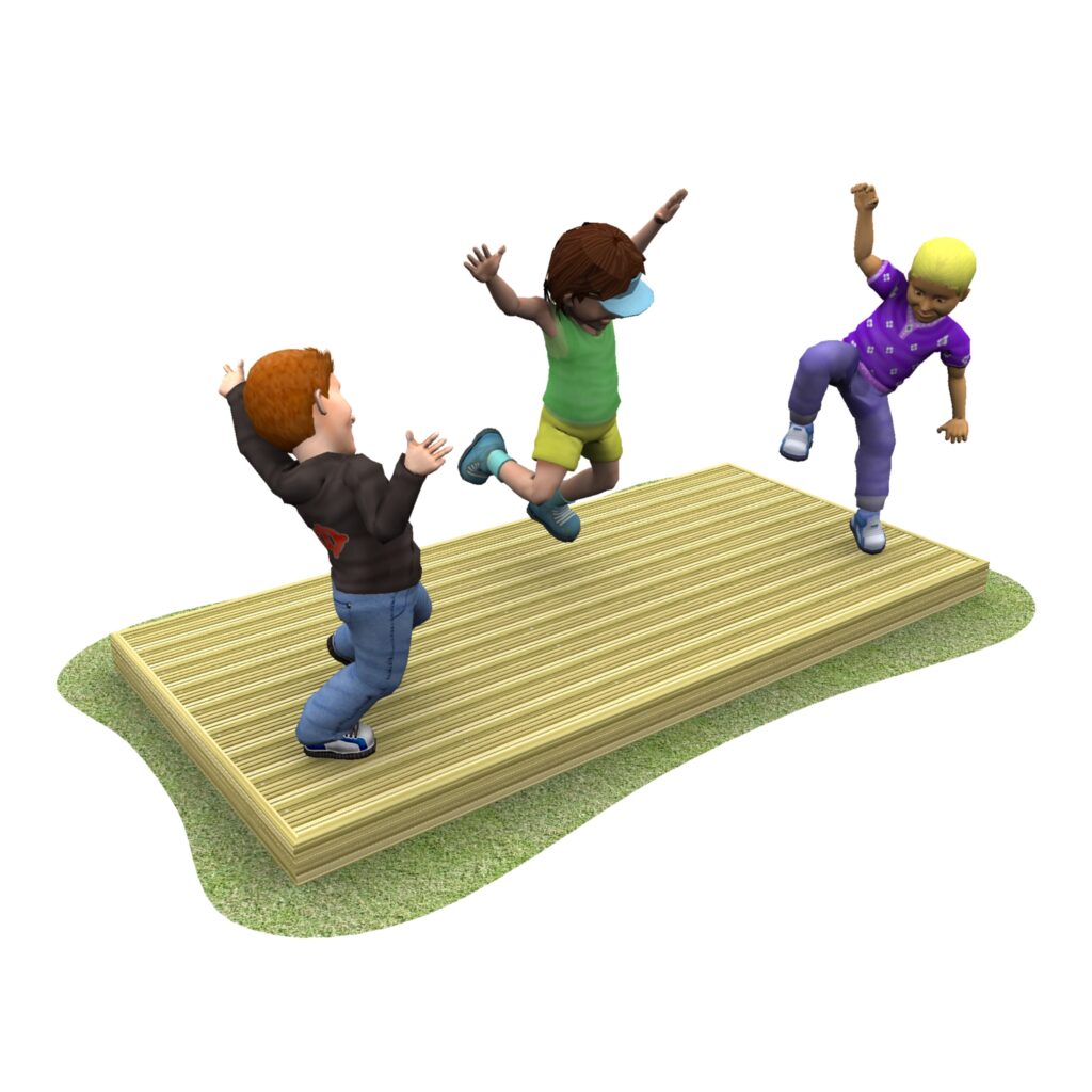 Three children are jumping and playing on a wooden platform with grass underneath.