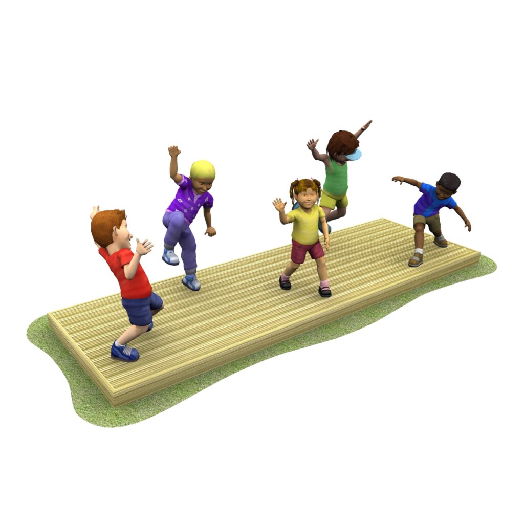 Five children are playing and balancing on a wooden platform, raising their arms, with a patch of grass underneath the platform.