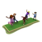 Five children playing and balancing on a rectangular patch of artificial grass, with arms raised and various playful poses.
