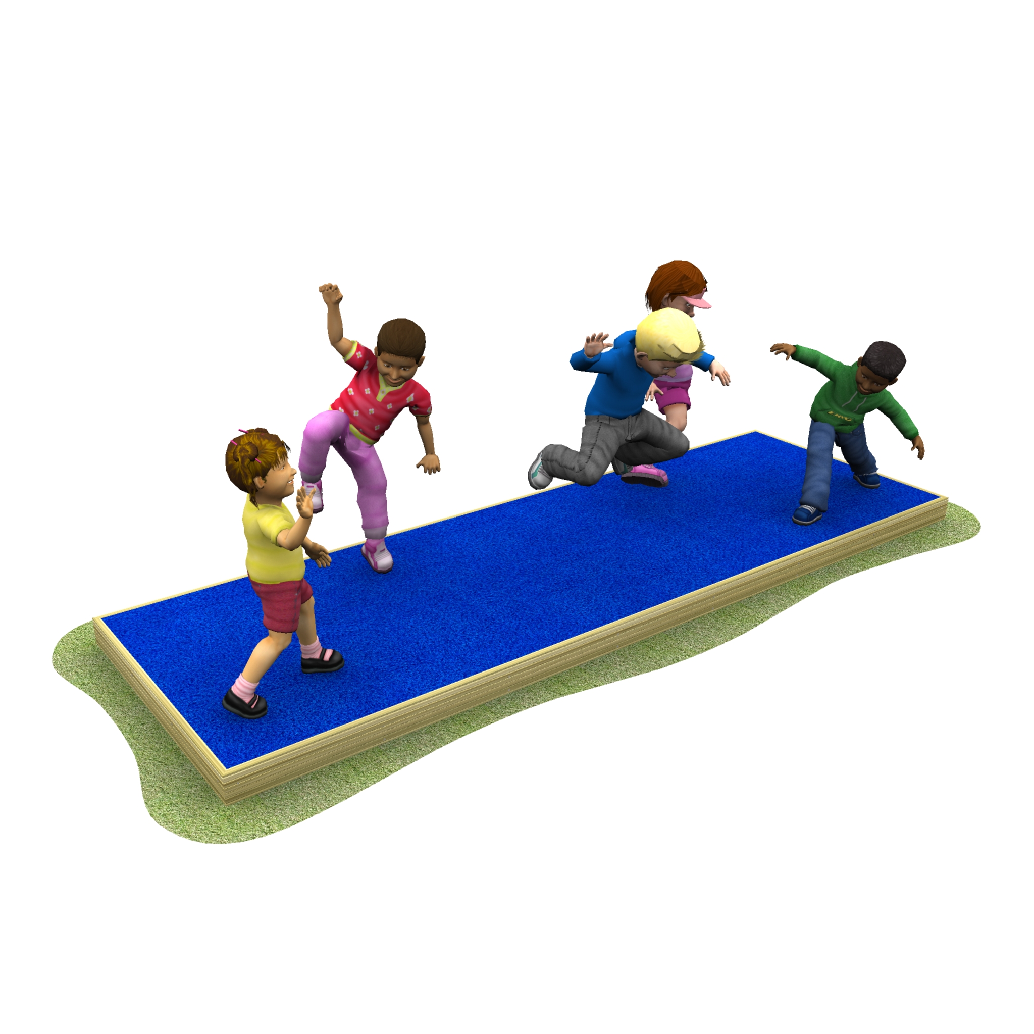 Five children are balancing and playing on a narrow blue mat platform with a grass border, each in various active poses.