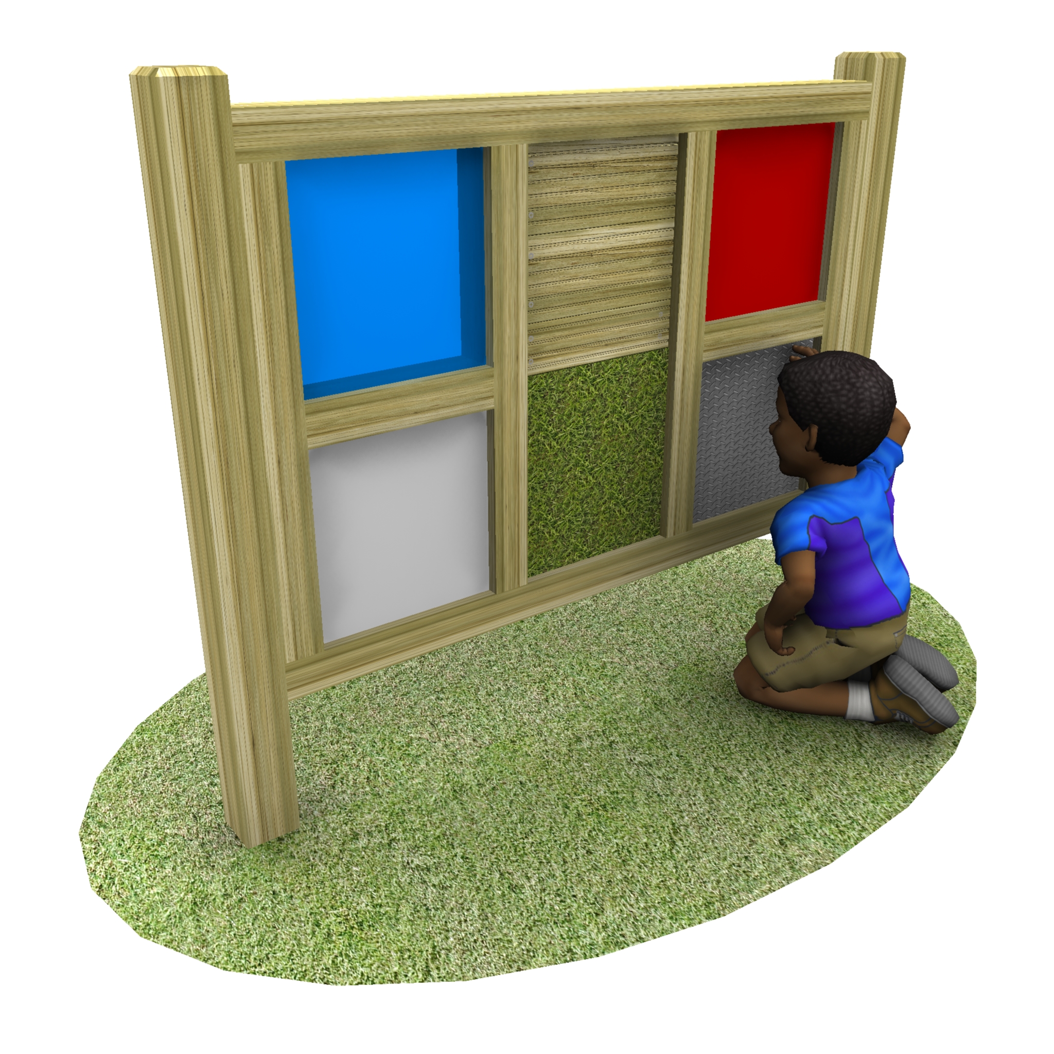 A child kneels on grass, interacting with a sensory panel that has coloured and textured squares framed in wood.