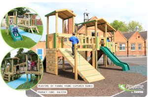 Children play on a wooden playground structure with slides, climbing walls, and towers. Two inset images show close-ups of children using the playground equipment.