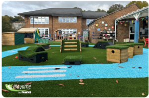 Outdoor play area with artificial grass, wooden climbing structures, and blue play paths in front of a brick school building. Playtime by FAWNS logo visible in the bottom left corner.