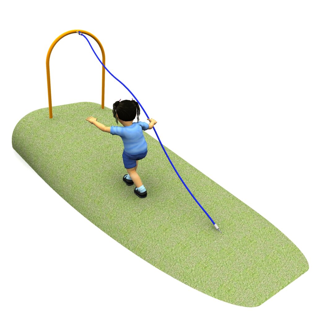 A character balances on a green beam while holding the 3.5m embankment pull-up rope attached to an arched frame.